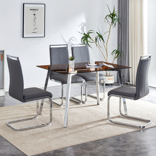 Modern Brown Glass Dining Set with 4 Chairs