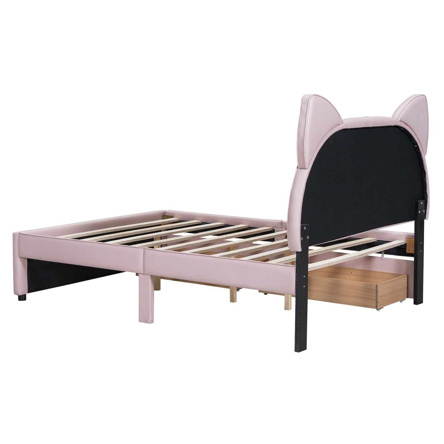 Full Size Upholstered Platform Bed with Cartoon Ears Shaped Headboard and 2 Drawers, Pink