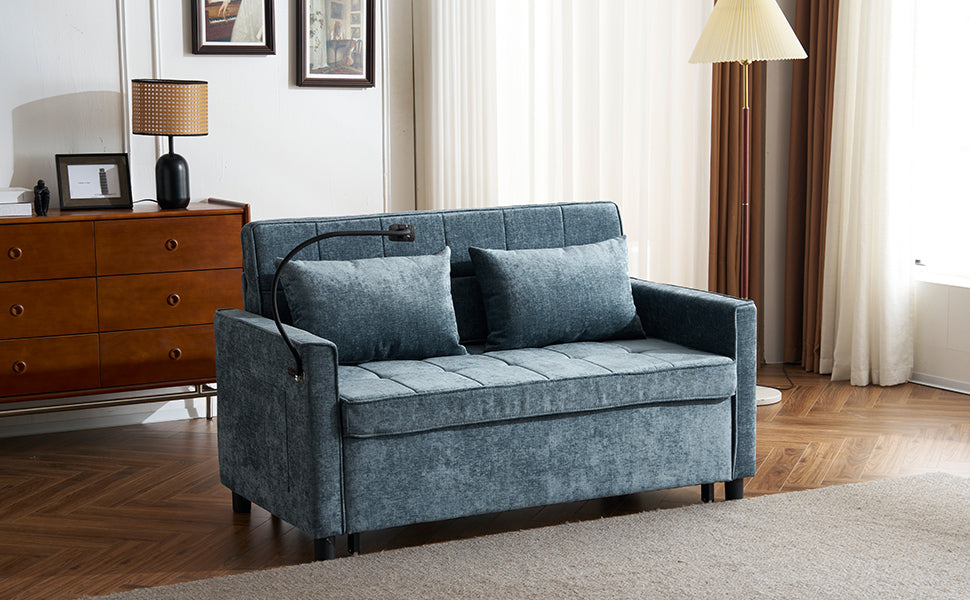 56.9" Loveseat Sofa Pull-out Sofa Bed Sleeper Sofa with a Reversible Backrest Cushion, Side Pockets, Two USB Ports and a Phone Holder for Living Room, Blue