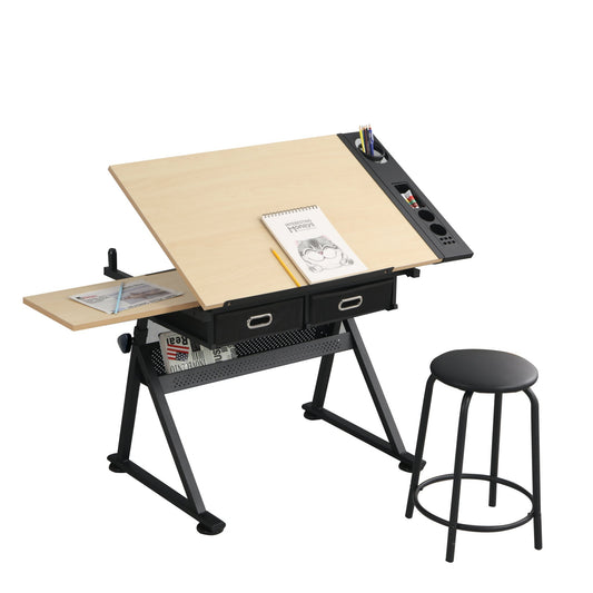 adjustable drawing drafting table desk with 2 drawers for home office and school with stool(wood) - Groovy Boardz