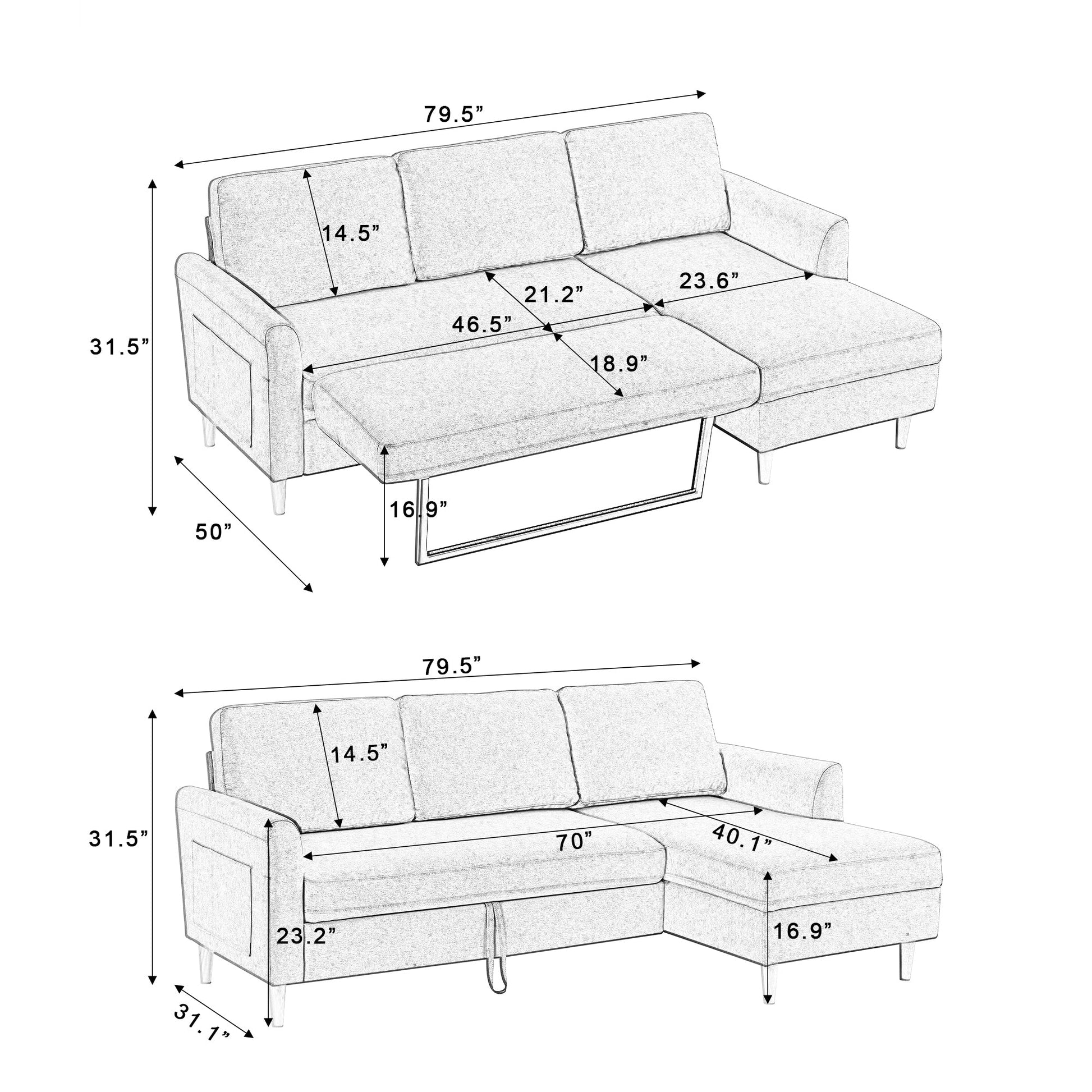 Adjustable L-Shaped Sofa Bed With Chaise Blue-grey, Upholstered Fabric Sleeper Sectional Sofa with Chaise Modern Craftsmanship Fashion Sofa Set, Apartment Living Room Sofa with for Small Space - Groovy Boardz