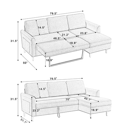 Adjustable L-Shaped Sofa Bed With Chaise Blue-grey, Upholstered Fabric Sleeper Sectional Sofa with Chaise Modern Craftsmanship Fashion Sofa Set, Apartment Living Room Sofa with for Small Space - Groovy Boardz