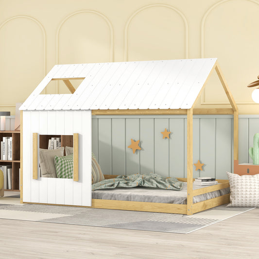 Full Size House Bed with Roof and Window - White+Natural (Old SKU: WF296898AAL)