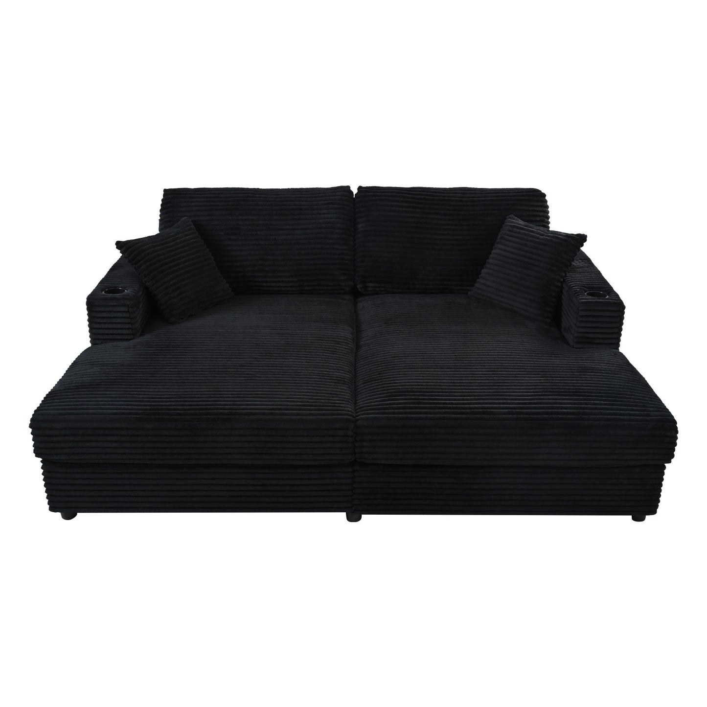 86.5" Oversized Loveseat Chaise Lounge Sectional Sofa Bed Corduroy Sleeper Sofa with Two USB Ports , Two Cup Holders and Two Throw Pillows for Living Room and Bedroom, Black