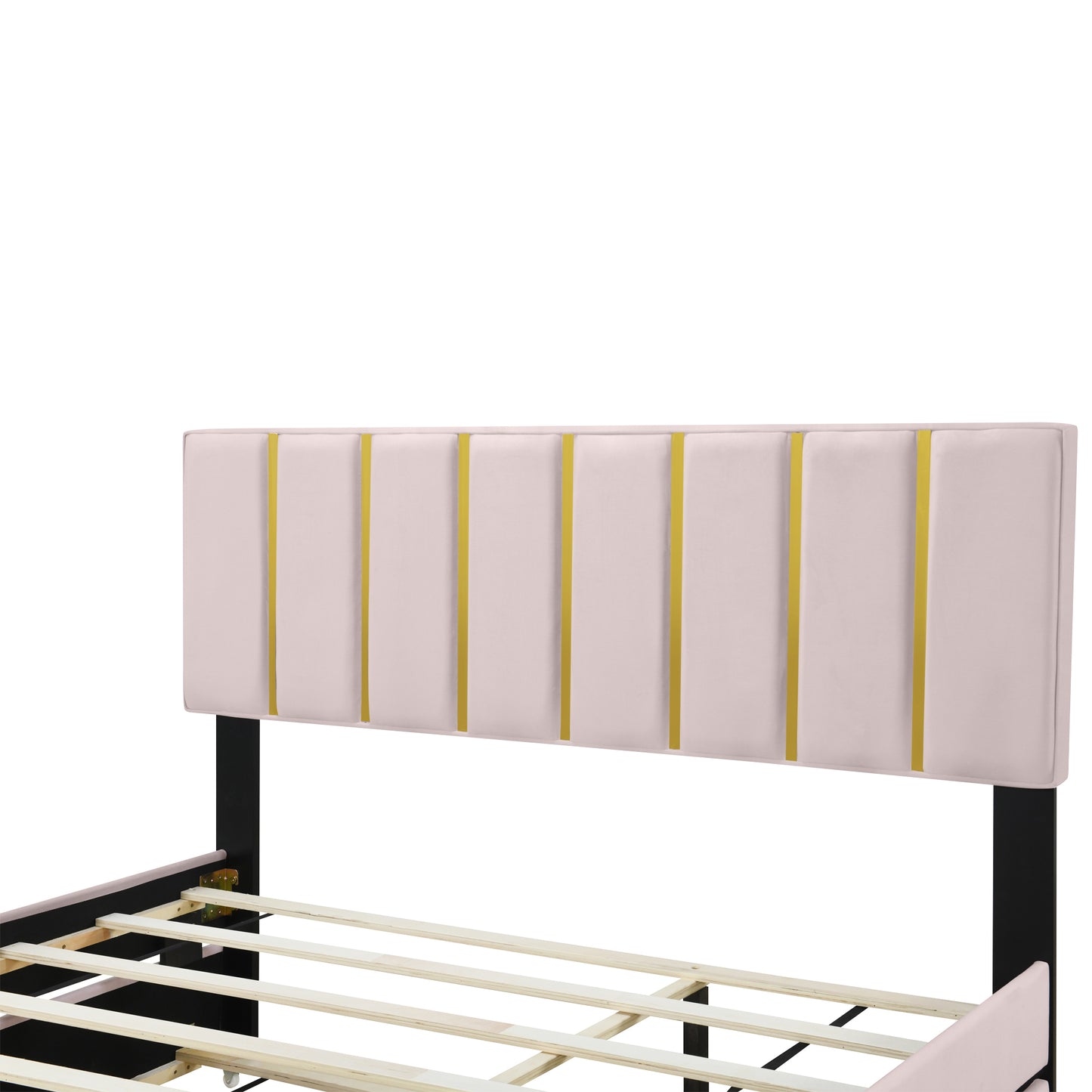 Queen Size Upholstered Platform Bed with 2 Drawers and 1  Trundle, Classic Metal Strip Headboard Design, Pink