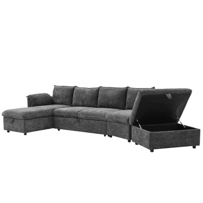 146.9" L-shaped Sofa Sectional Sofa Couch Pull-out Sofa Bed with a Movable Storage Ottoman, a Storage Chaise Lounge and Two USB Ports for Living Room, Grey