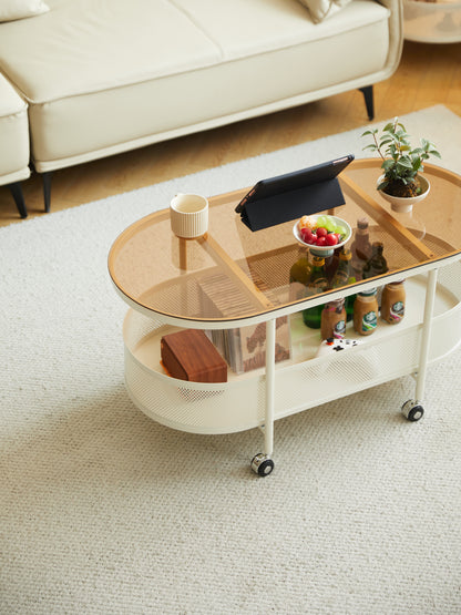 Movable oval metal glass coffee table with storage