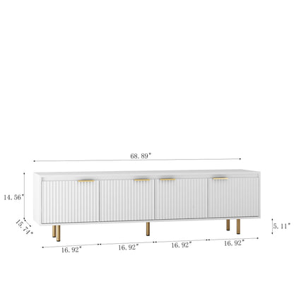 Mid Century Modern LED TV Stand for 80 Inch TV, Entertainment Center Wood TV Stand, Fluted Trim TV Stand with 4 Doors