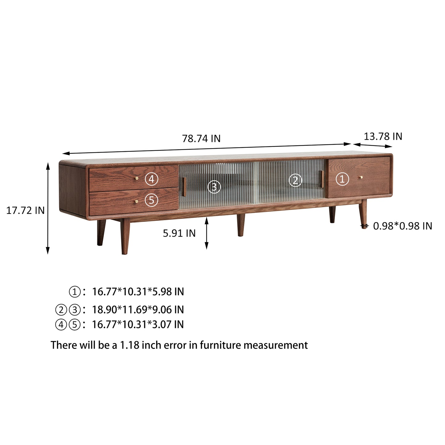 Walnut Color North America A Grade Solid Red Oak TV Cabinet With Chinese Changhong Glass Doors, Two Drawer Storage Space TV Standing