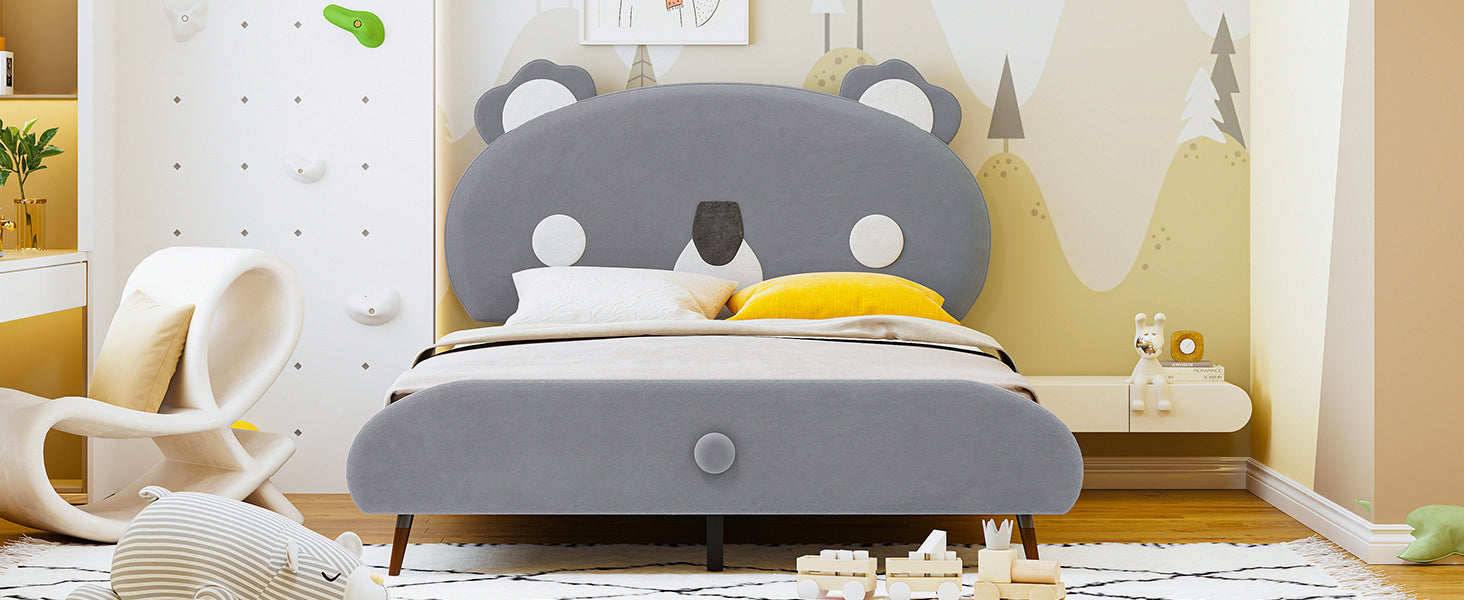 Full Size Upholstered Platform Bed with Koala-Shaped Headboard, Gray