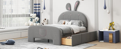 Full Size Velvet Platform Bed with Rabbit-Shaped Headboard, with Drawers, with Bed-End Storage Pocket, Gray