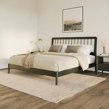 Mid-Century Modern Solid Wood King Spindle Bed – Black