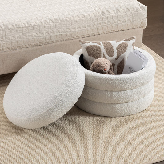 007-Boucle Fabric Storage Round Ottoman Footstool With Wooden Shelving,Ivory