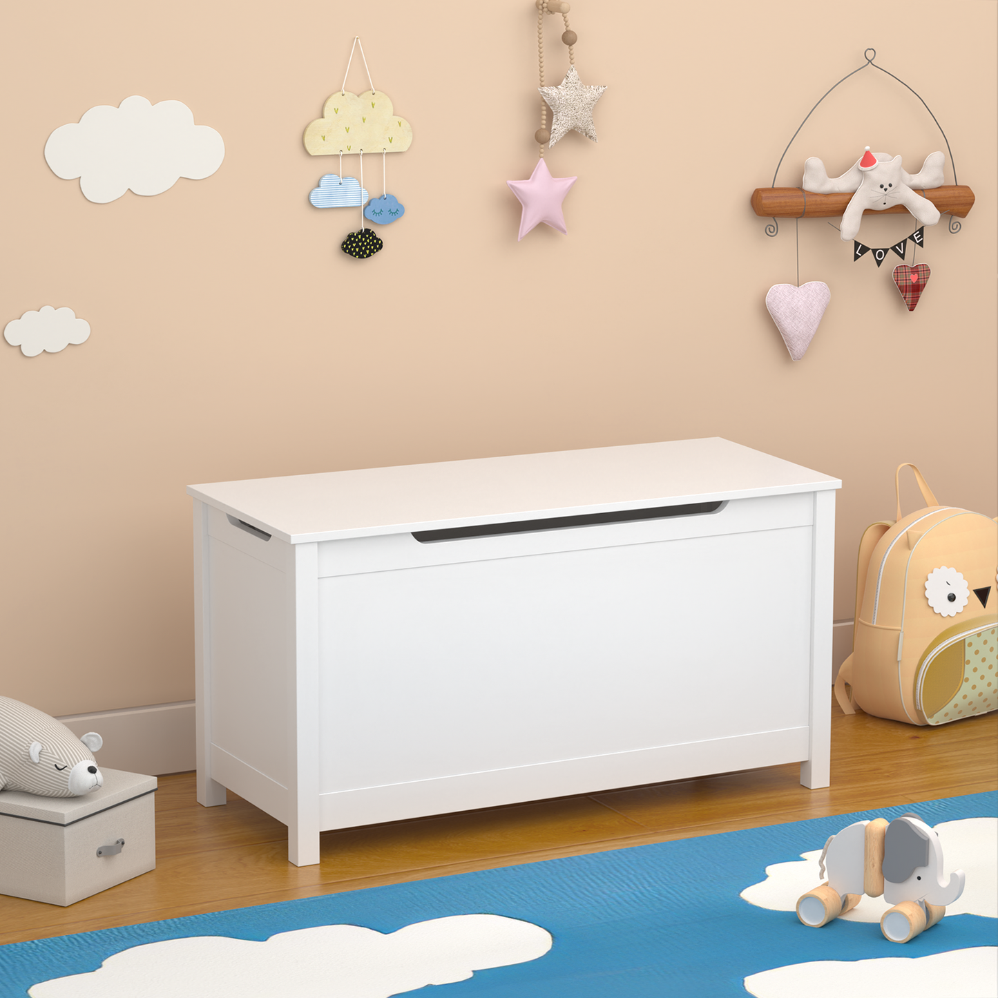 Kids Wooden Toy Box Storage with Safety Hinged Lid for Ages 3+ (White)