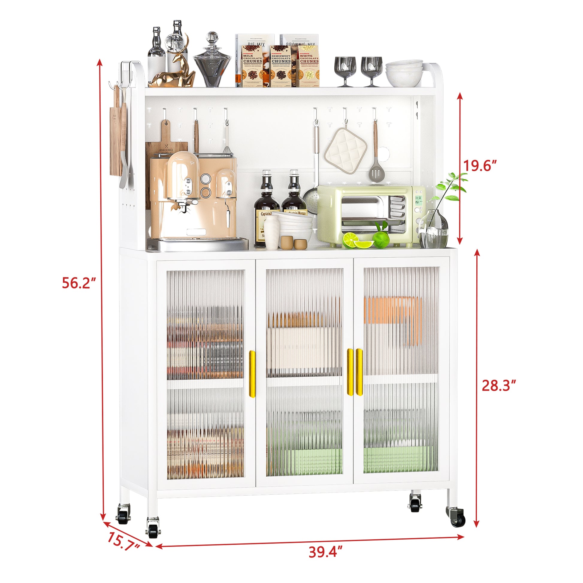 Carbon steel Kitchen Storage Cabinets, Microwave Stand, Bakers Racks for Kitchens with Storage, Microwave cart, Transparent Flap Door Design Kitchen Storage Shelves Free screws  - 4 Tiers White