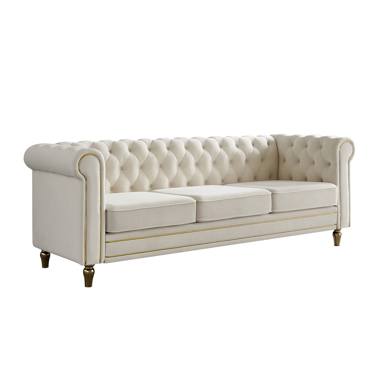 Chesterfield Velvet Sofa 84.65 inch for Living Room Beige Color