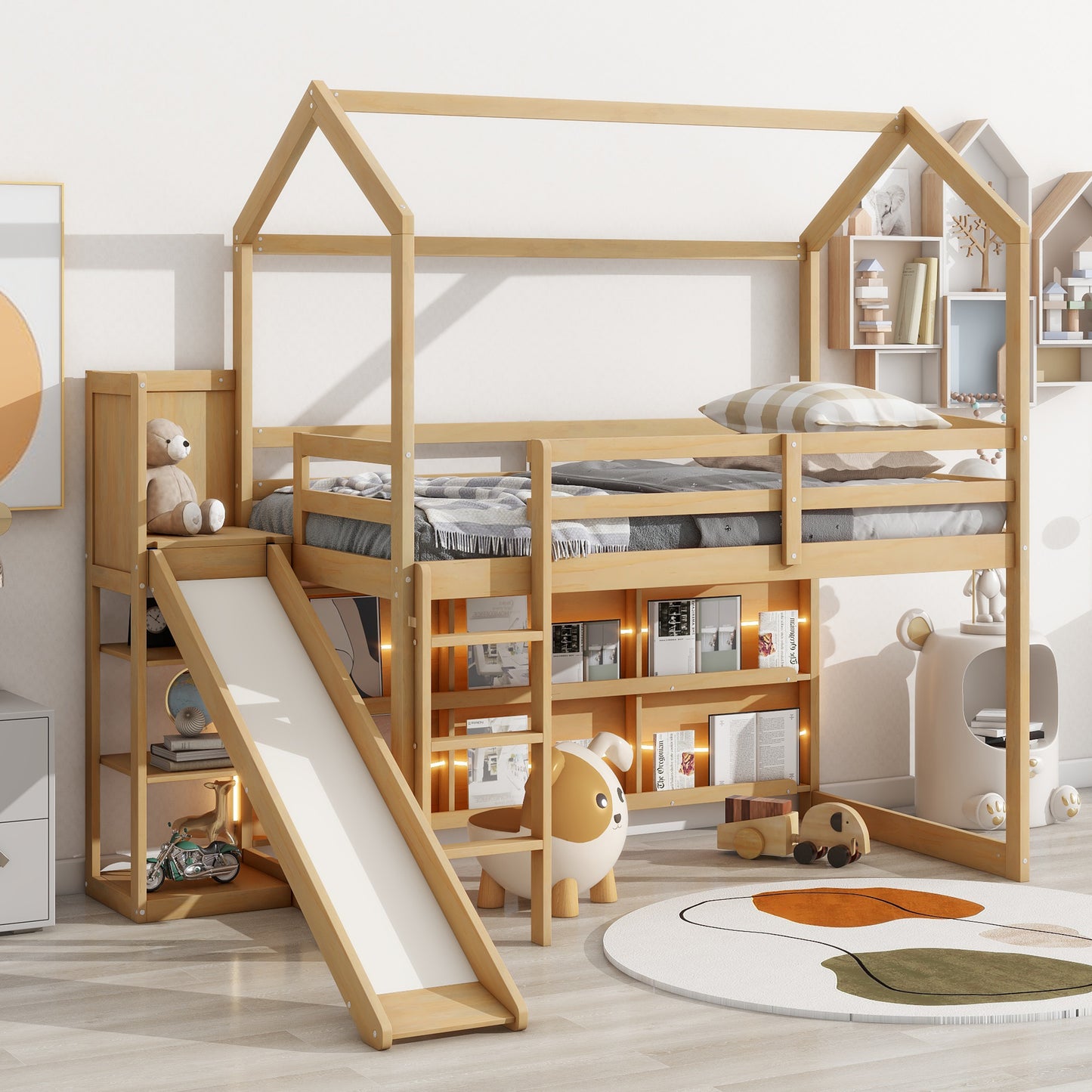 Twin Size Wood House Loft bed with Slide, Storage shelves and Light, Climbing Ramp, Wood Color