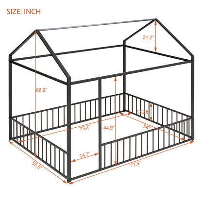 Full Size Metal Bed House Bed Frame with Fence, for Kids, Teens, Girls, Boys,Black