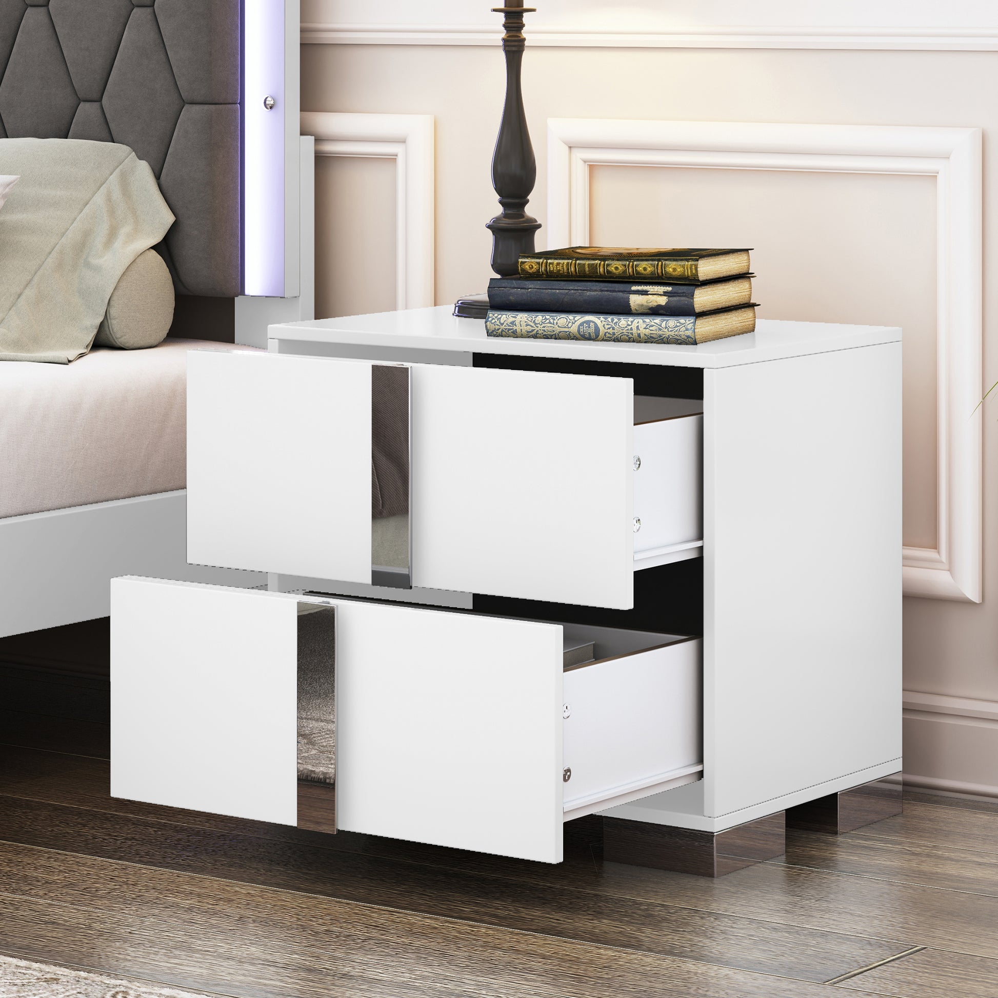 Elegant Nightstand with Metal Handle,Mirrored Bedside Table with 2 Drawers for Bedroom,Living Room,White