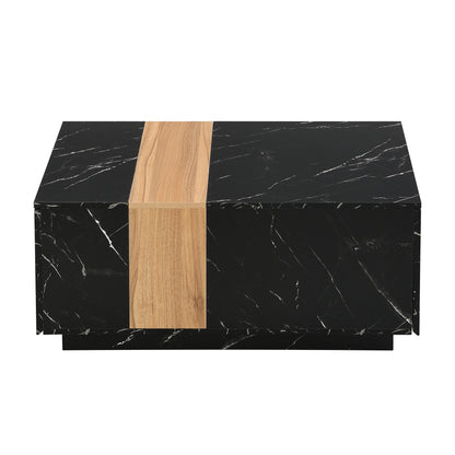 ON-TREND Modern 35.4 x 23.6 Inch Two-tone Coffee Table with Faux Marble and Walnut Wood Grain Finish, Rectangular Center Table with 2 Storage Drawers, Practical Cocktail Table for Living Room, Black