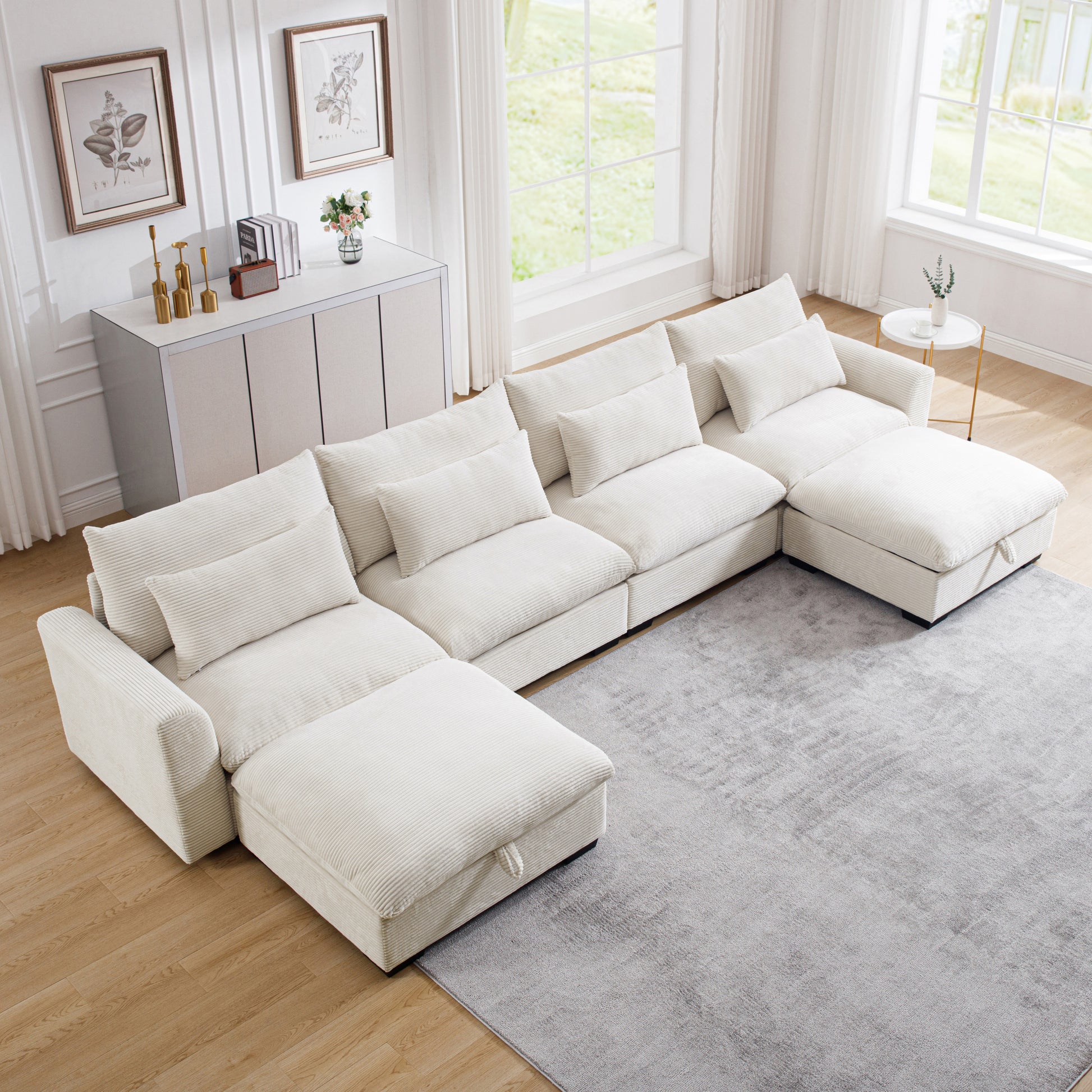 Big Deep Seat U-Shaped Corduroy Sectional Couches for Living Room, 4 Seater Sofa Couch with 2 Storage Footstool and 4 Waist Pillows (Corduroy, Beige)