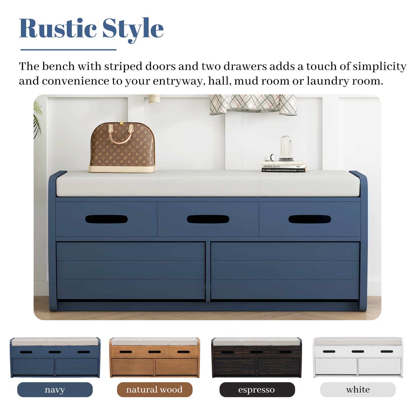 TREXM Rustic Storage Bench with 2 Drawers, Hidden Storage Space, and 3 False Drawers at the Top, Shoe Bench for Living Room, Entryway (Navy)