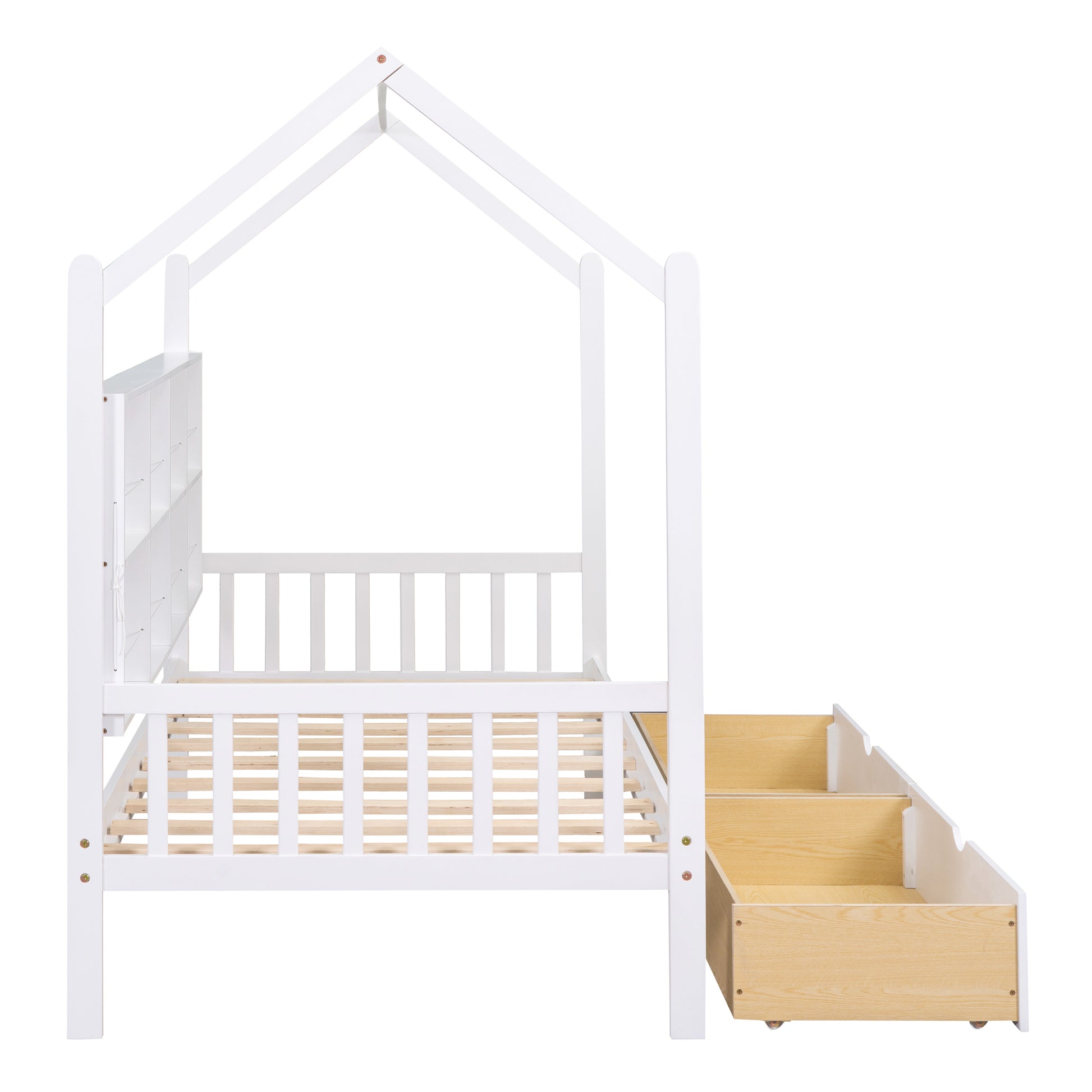 Wooden Twin Size House Bed with 2 Drawers,Kids Bed with Storage Shelf, White