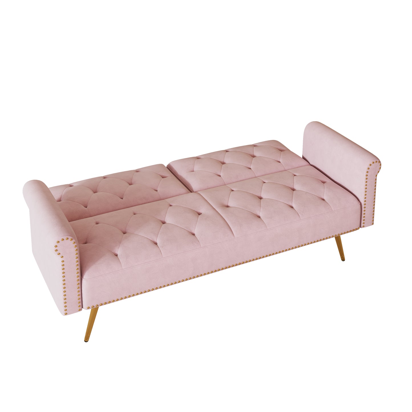 69.7 inch pink velvet nail head sofa bed with throw pillow