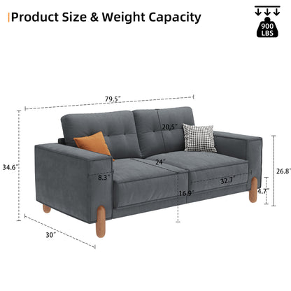 Couches for Living Room,Modern Fabric Upholstered Sofa Tufted Couch with Square Arm and 4 Solid Wood Legs 2 Pillows Decor for Living Room, Office, Apartment