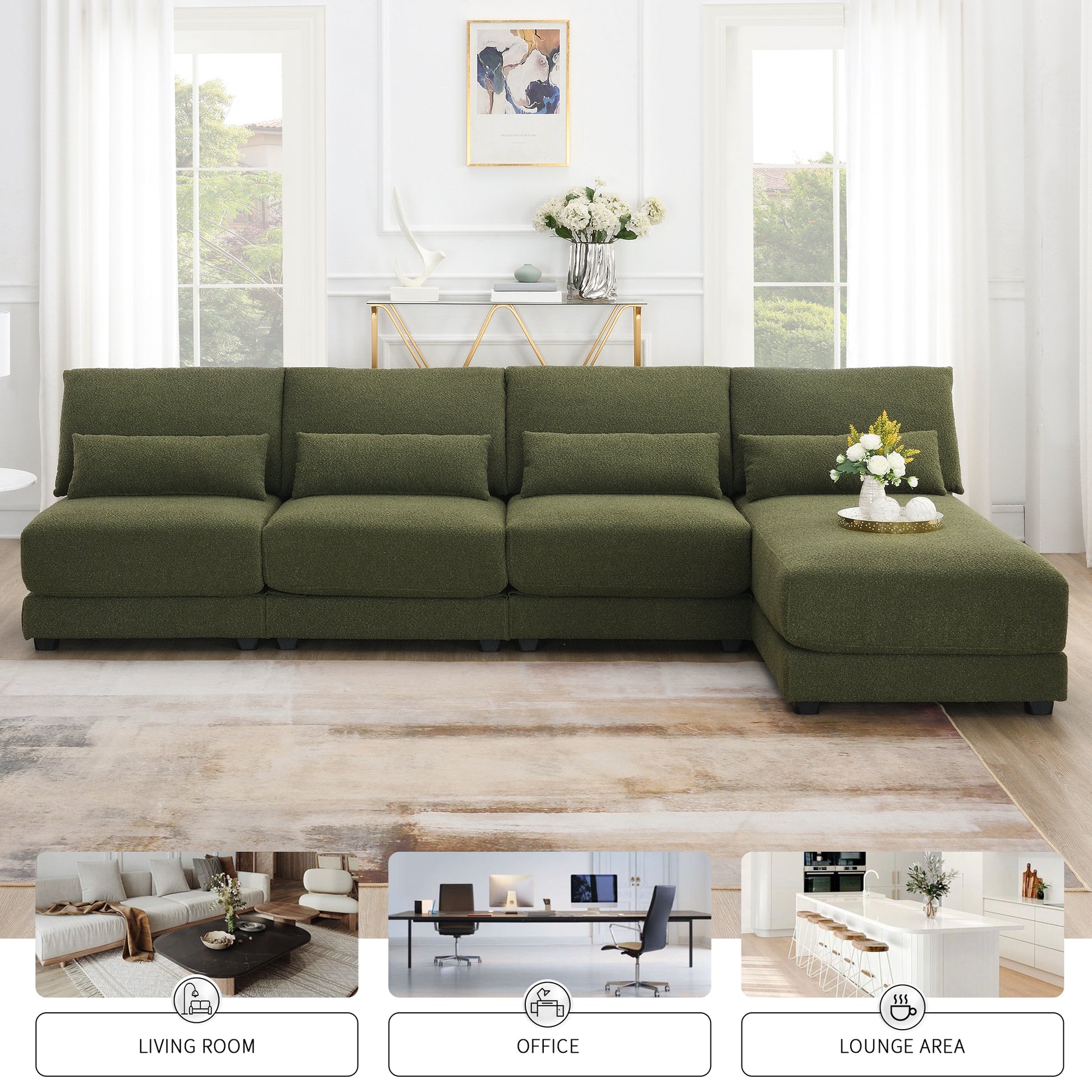 [VIDEO provided][New]120*61" Oversized Deep Seat Sectional Sofa with Reversible Chaise,Loop Yarn Fabric 5-seat Armless Indoor Furniture,Convertible L-shaped Couch for Living Room,Apartment,3 Colors