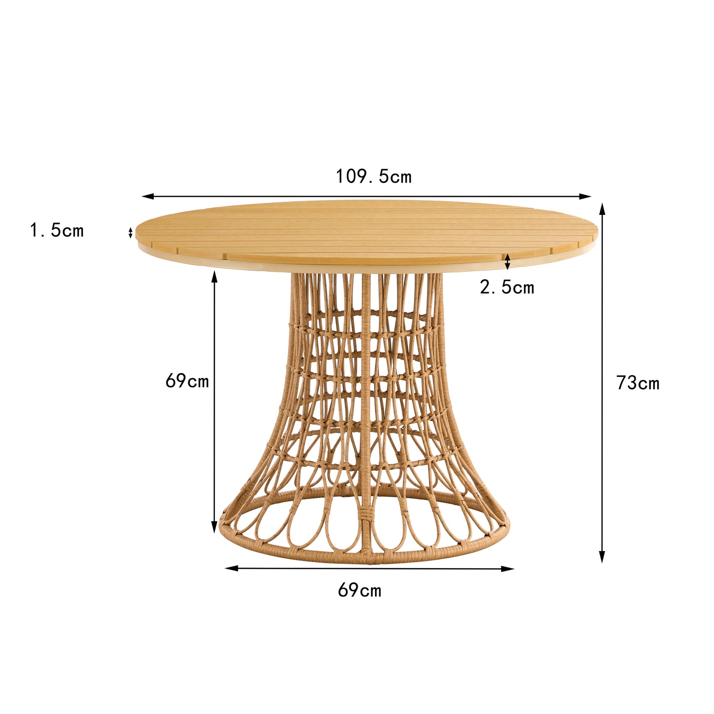 Outdoor dining simple bamboo chair table , PE ratten round table 110CM plastic wood top