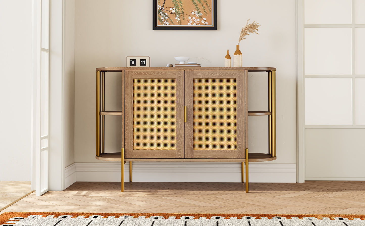 TREXM 2-Door Elegant Curved Dining Cabinet with Gold Trim and Woven Rattan Doors for Dining Room (Natural)