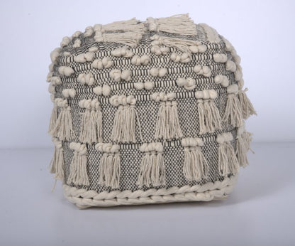 Angelic Handcrafted Fabric Pouf with Tassels, Ivory - Groovy Boardz