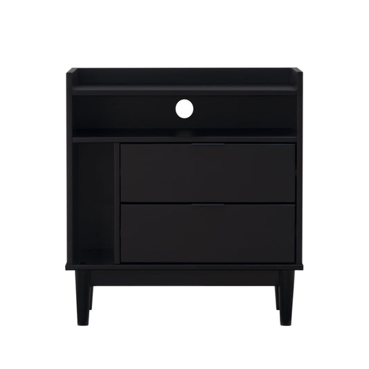 Mid-Century Modern Solid Wood 2-Drawer Gallery Nightstand - Black