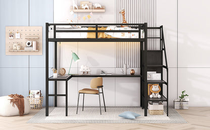 Full Size Loft Bed with L-shaped Desk and USB, Metal Loft Bed with Wardrobe and Adjustable Shelf, High Loft Bed with LED for Kids Teens Adults, Black