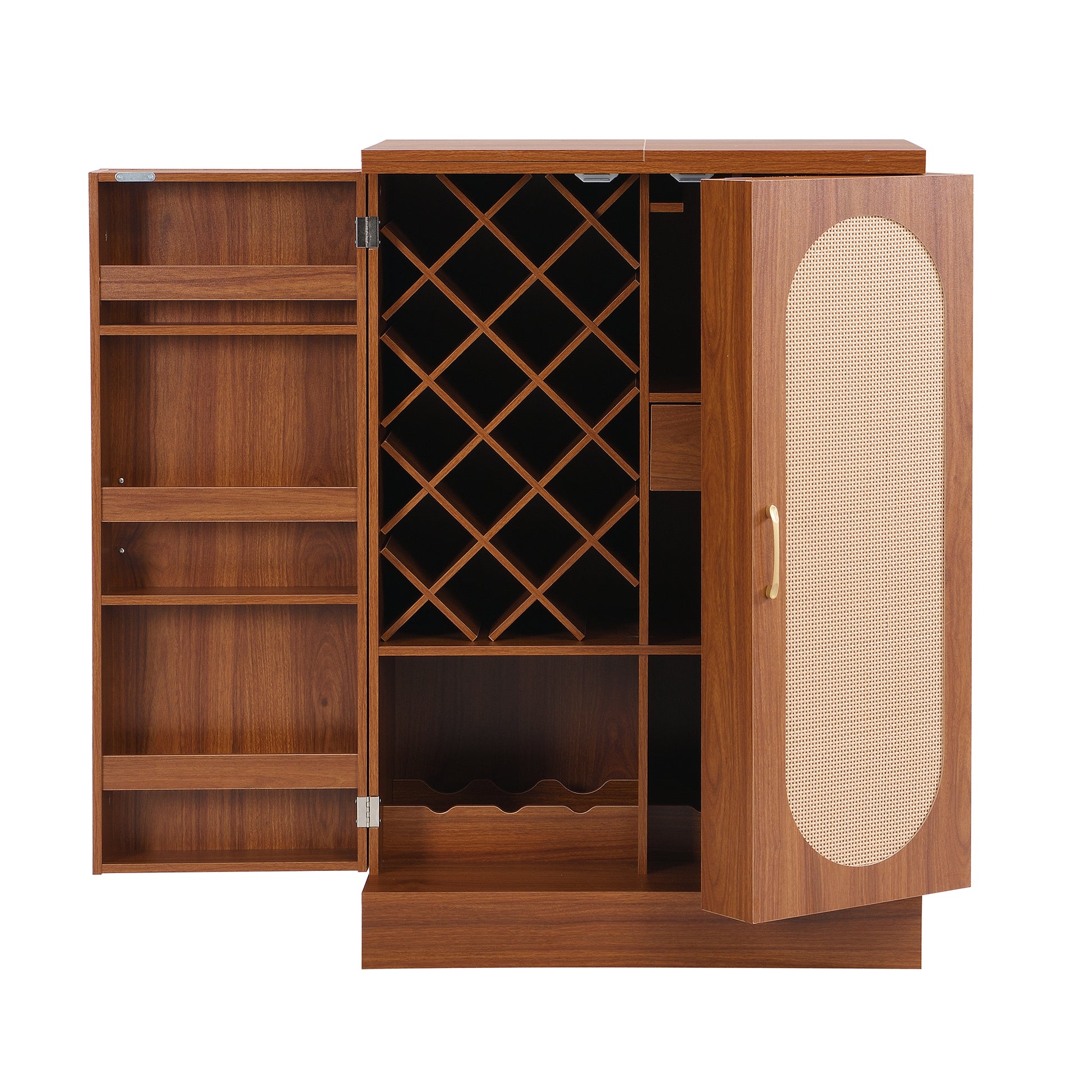 41.9" Home Bar Cabinet, Industrial Walnut Rattan Door Fold Out Bar Cabinet with Storage Bar Table