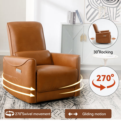 Yellow Brown Leatheraire Swivel and Rocker Power Recliner Chair, Heavy Duty Motion Mechanism with USB and Type-C Ports