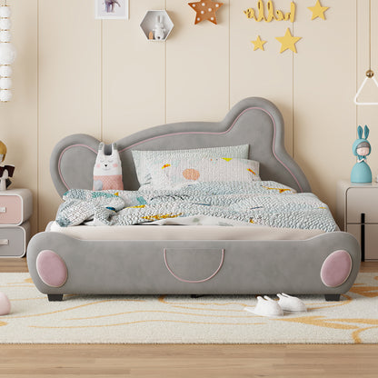 Queen Size Velvet Platform Bed with Bear-Shaped Headboard, with Drawers, with Bed-End Storage Pocket, Gray