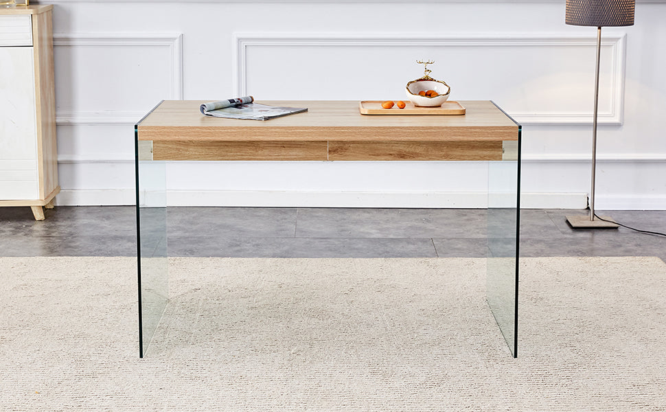 The top of the coffee table is made of medium density fiberboard and wooden stickers, with transparent tempered glass on both sides. The design is simple and elegant, with a sturdy structure.