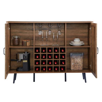 Oak Color Faux Rattan Barn Door Wine Cabinet with Wine Rack and Wine Glass Rack, Double Door Design with Removable Shelves, Rustic Wood Storage Cabinet