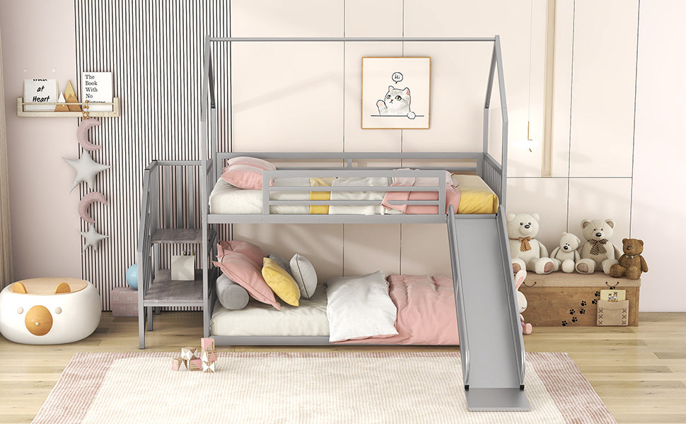 Twin over Twin Metal Bunk Bed House Bed with Slide and Staircase, Silver