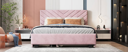 Queen Size Upholstered Platform Bed with Twill Headboard, Pullout Bed and Two Drawers, Flannel,Pink