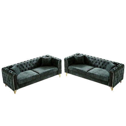 Chenille Pull Buckle Design Sofa for Living Room,Buttons Tufted With Copper Nail Decoration Armrest, Modern Couch Upholstered Button And Metal Legs