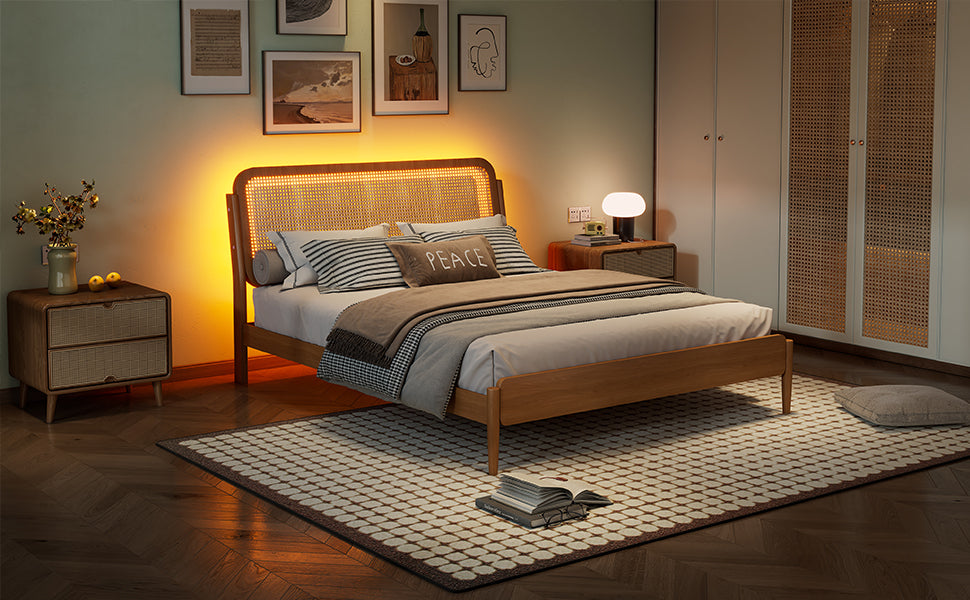 Queen Size Wood Storage Platform Bed with LED Light, Rattan Headboard, Nature