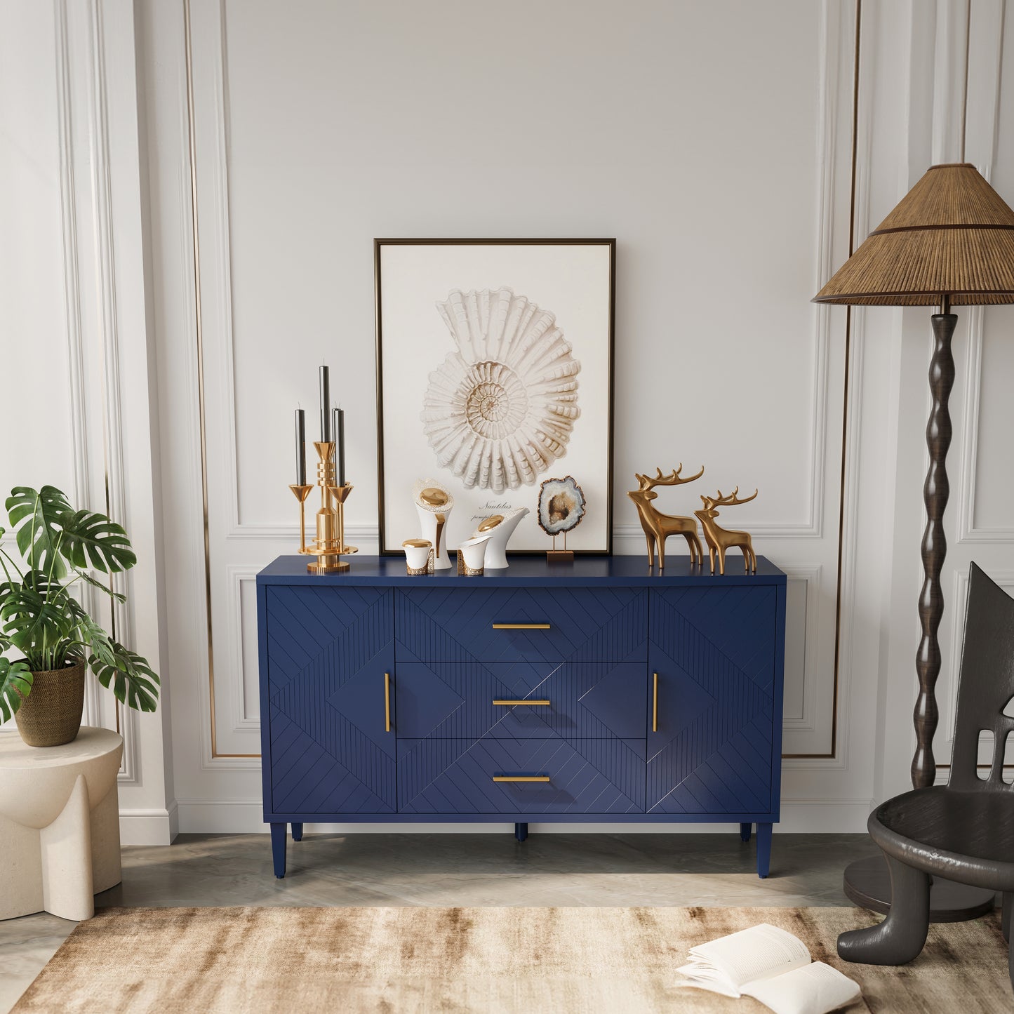 Stylish and Functional 2-Door 3-Drawer Cabinet with Carved Effect, for Bedroom,Living Room,Office,Easy Assembly, Navy Blue