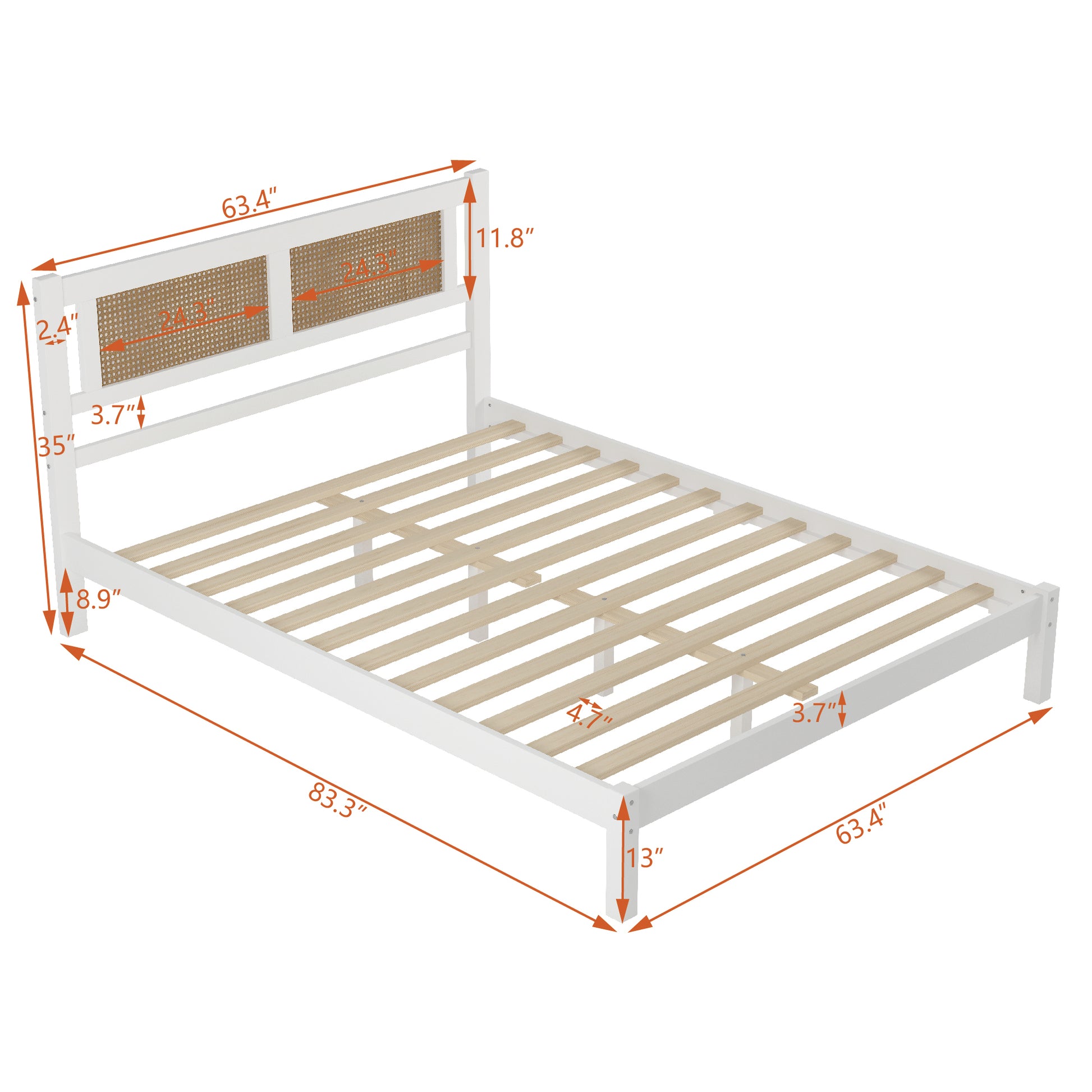 Queen Size Wood Platform Bed with Natural Rattan Headboard,Exquisite Elegance with Minimalist Charm for Bedroom,White