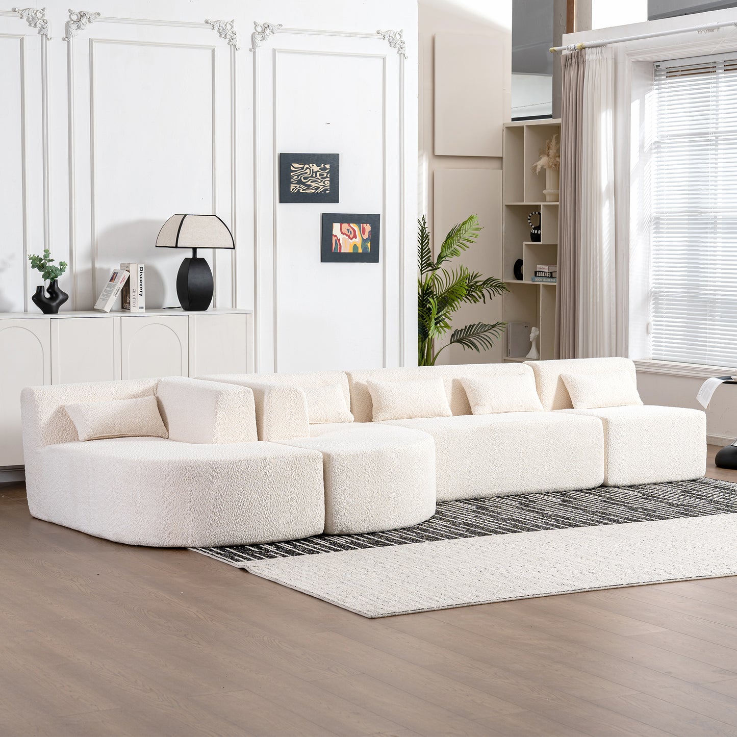 143.7" Upholstered Sofa Free-combined Sofa Couch with Two Chaise Lounge and Five Back Pillows for Living Room, Beige