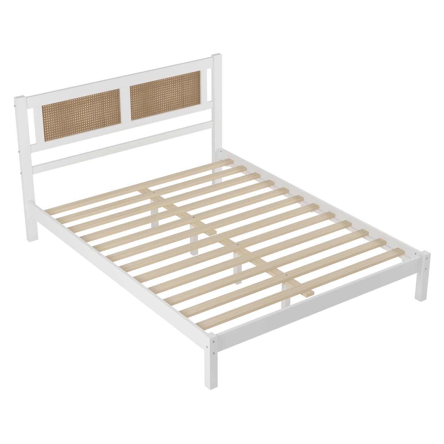 Queen Size Wood Platform Bed with Natural Rattan Headboard,Exquisite Elegance with Minimalist Charm for Bedroom,White