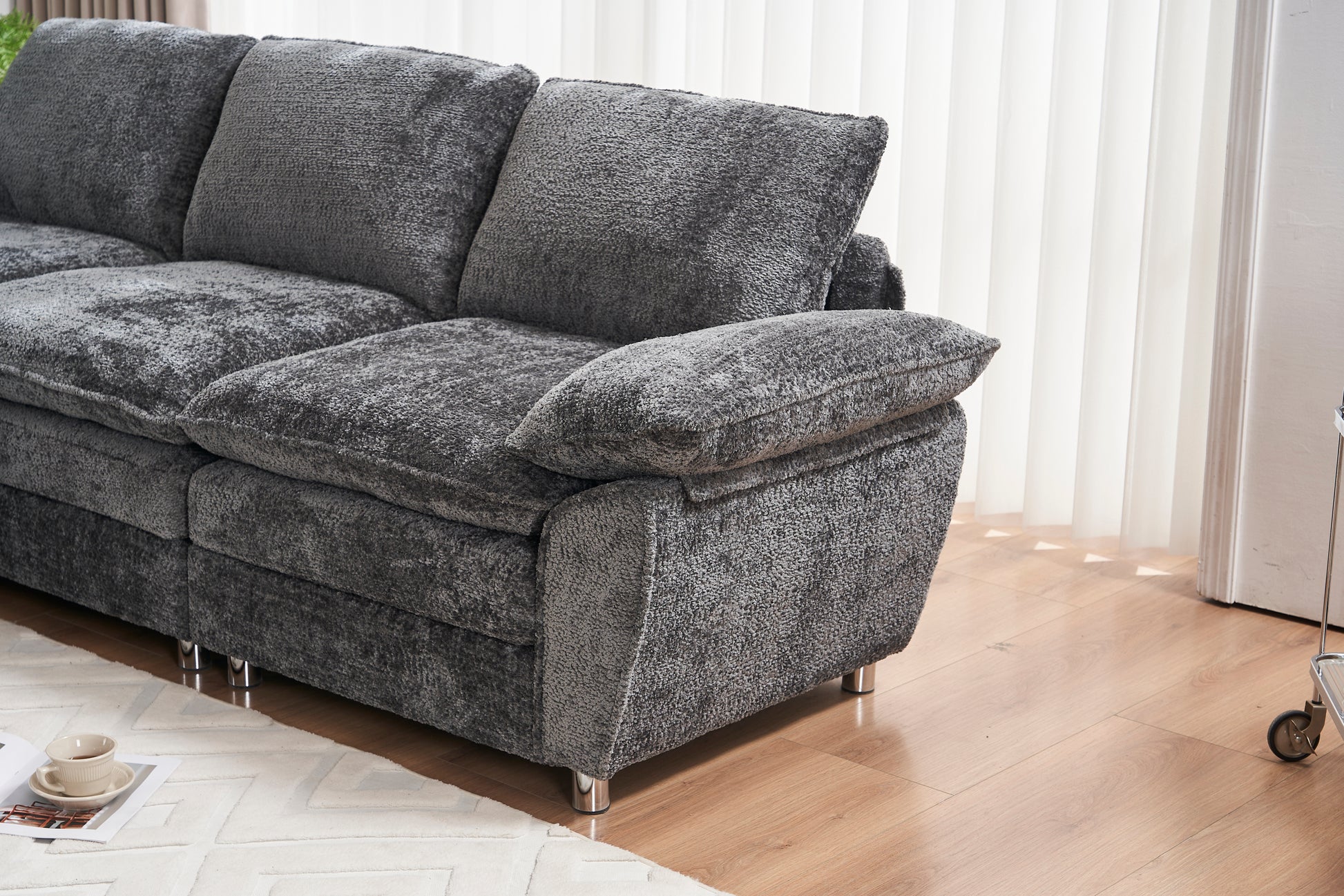 Modern Deep 3-Seat Sofa Couch with Ottoman, Polyester Sofa Sleeper Comfy Upholstered Furniture for Living Room, Apartment, Studio, Office,Dark Grey