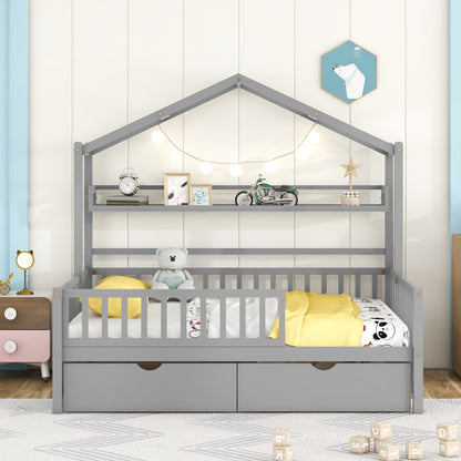 Wooden Full Size House Bed with 2 Drawers,Kids Bed with Storage Shelf, Gray